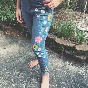 Handmade Flower Pattern Jeans Painted Denim Pants
